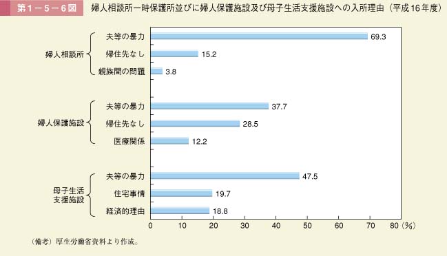 第6図　婦人相談所一時保護所並びに婦人保護施設及び母子生活支援施設への入所理由（平成16年度）