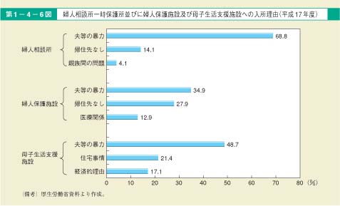 第6図　婦人相談所一時保護所並びに婦人保護施設及び母子生活支援施設への入所理由（平成17年度）