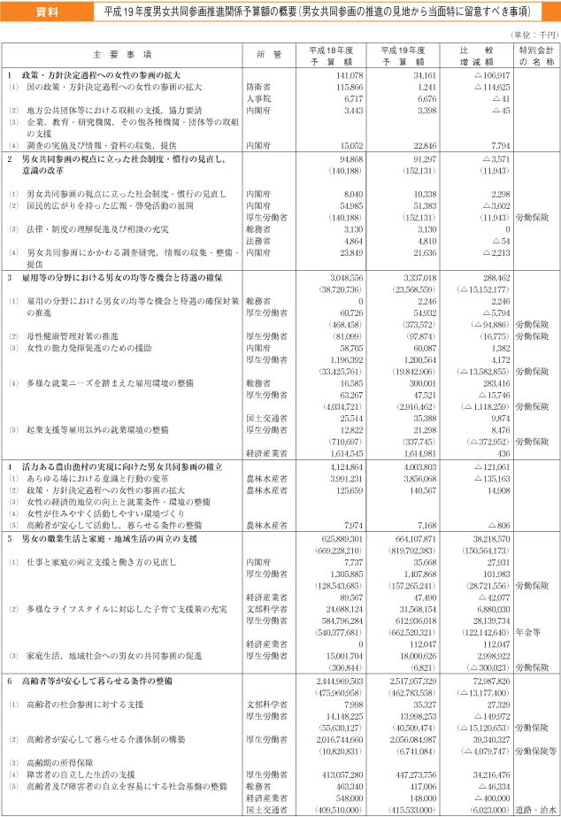 平成19年度男女共同参画推進関係予算額の概要（男女共同参画の推進の見地から当面特に留意すべき事項）