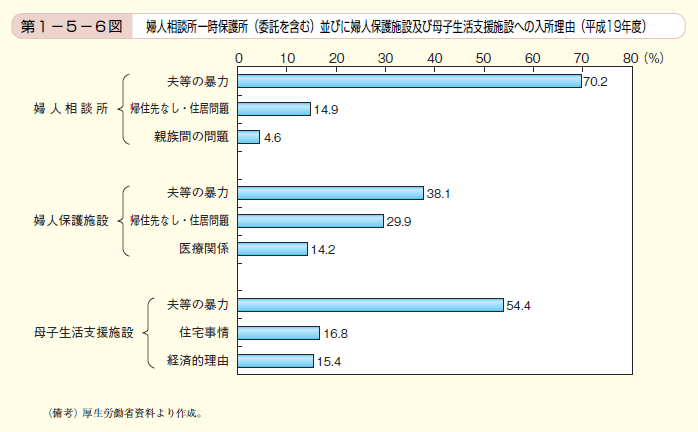 第6図　婦人相談所一時保護所（委託を含む）並びに婦人保護施設及び母子生活支援施設への入所理由（平成19年度）