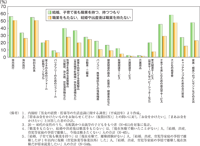 第9図　今後お金をかけたい消費分野（女性，ライフスタイル別）