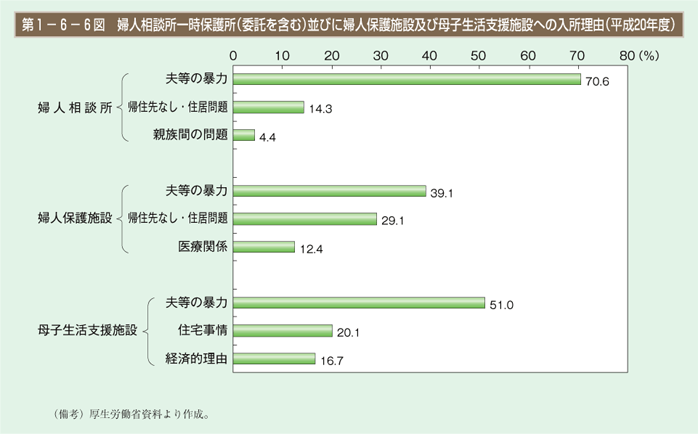 第6図　婦人相談所一時保護所（委託を含む）並びに婦人保護施設及び母子生活支援施設への入所理由（平成20年度）