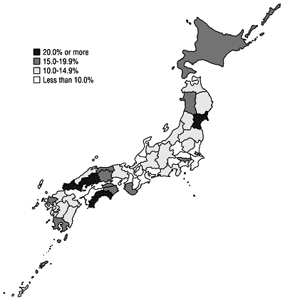 Figure 13: Ratio of women who are full members of agricultural cooperatives (by prefecture)