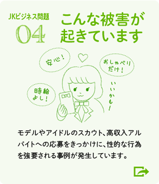 04 こんな被害が起きています モデルやアイドルのスカウト、高収入アルバイトへの応募をきっかけに、性的な行為を強要される事例が発生しています。（JKビジネス問題）