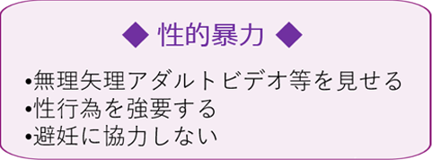 性的暴力　•無理矢理アダルトビデオ等を見せる •性行為を強要する　•避妊に協力しない 