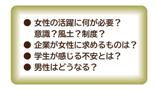 女性の活躍に何が必要？意識？風土？制度？　企業が女性に求めるものは？　学生が感じる不安とは？　男性はどうなる？