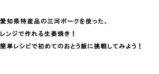 愛知県特産品の三河ポークを使った、レンジで作れる生姜焼き！
						簡単レシピで初めてのおとう飯に挑戦してみよう！