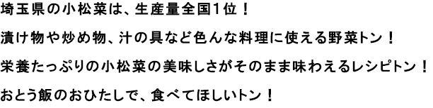 埼玉県の小松菜は、生産量全国１位！
                                                               漬け物や炒め物、汁の具など色んな料理に使える野菜トン！
                                                               栄養たっぷりの小松菜の美味しさがそのまま味わえるレシピトン！
                                                               おとう飯のおひたしで、食べてほしいトン！
